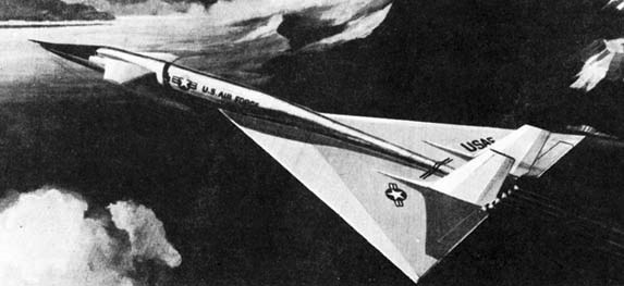 black and white illustration of XB-70 in flight